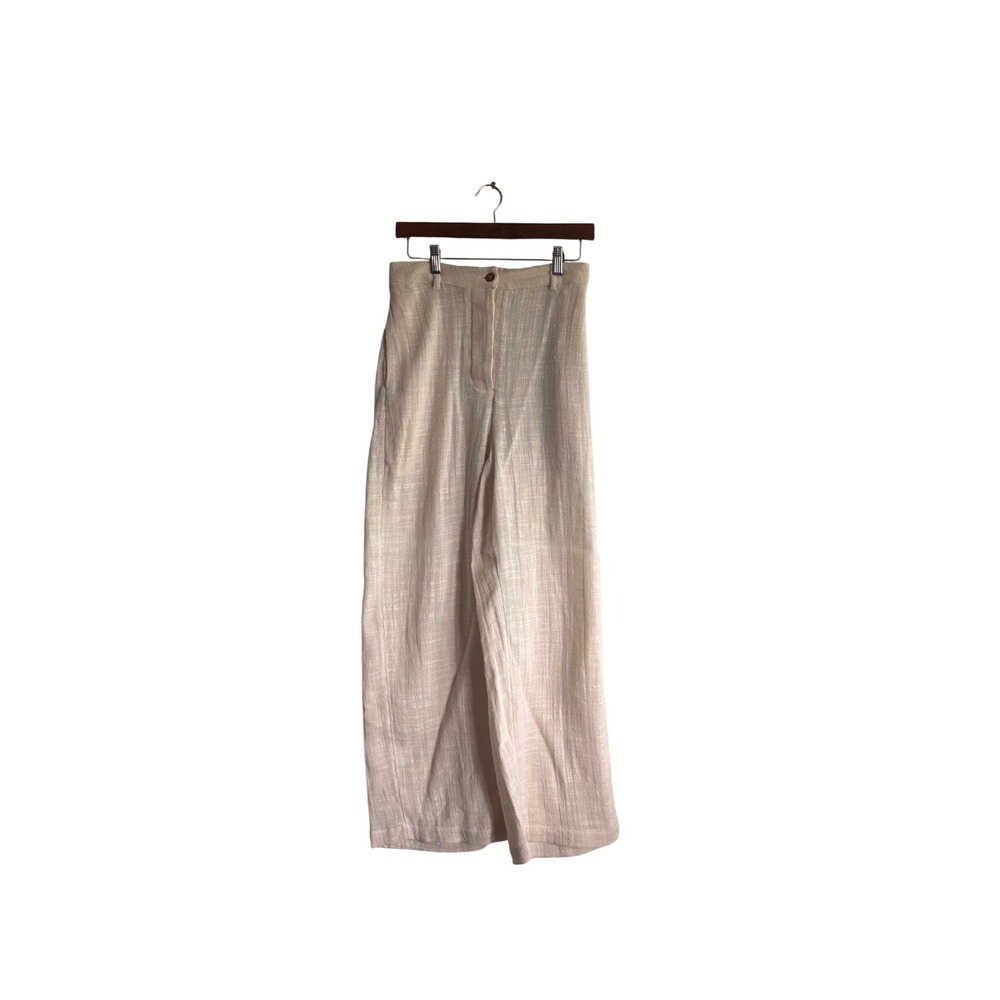 Free People Cream Textured Cotton Wide Leg Trousers High Rise Button Fly Small